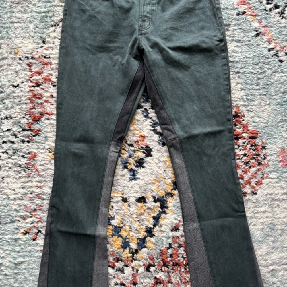 Dark Blue Flare Jeans with Gray Inseam and Flare Design
